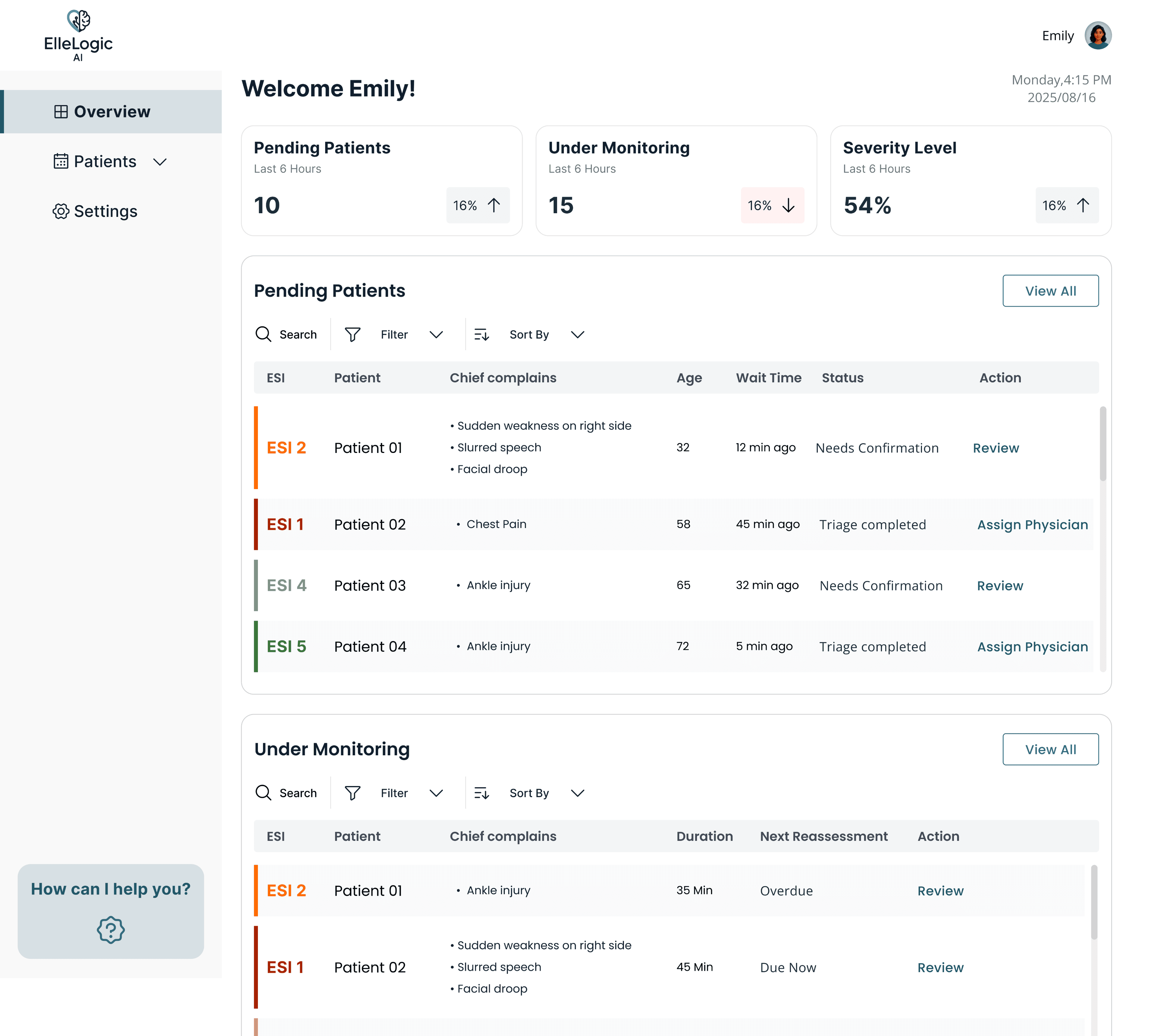 ElleLogic AI nurse dashboard overview